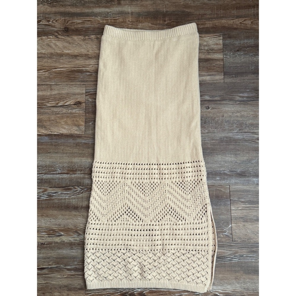 Freshman 1996 Beige Crochet Knit Maxi Skirt Boho Festival Chevron Slit Lining S